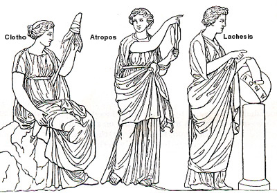 The three Moirai, or Fates, of Greek mythology. Atropos is pictured in the center holding her “abhorred shears”.
